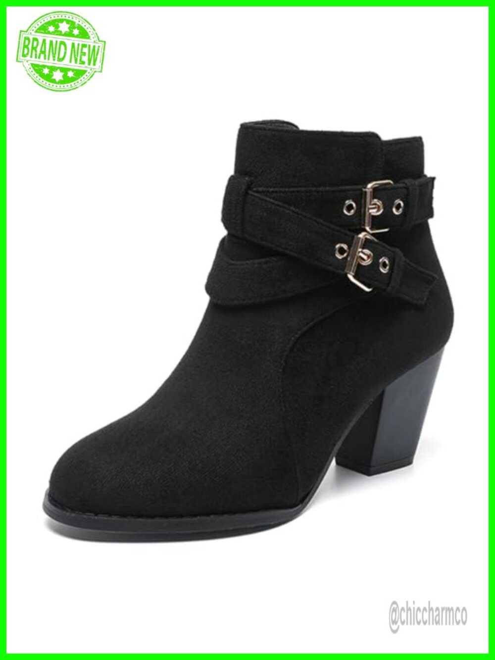 Women's Suede Ankle Boots Chunky Block Heel Double Buckle Side Zip Round Toe